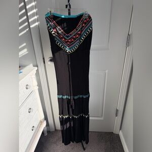 Poof! Black Maxi Dress with Turquoise and Coral Accent